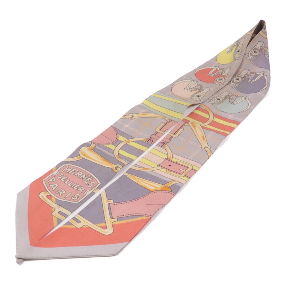 HERMES Twilly Scarf Scarves Silk Gray Orange Yellow - Picture 3 of 10